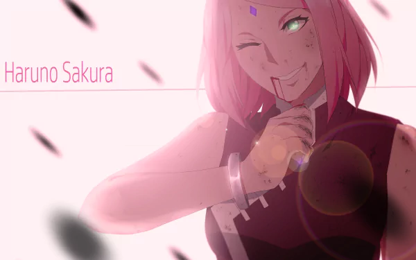 HD desktop wallpaper of Sakura Haruno from the anime Boruto, smiling confidently with a playful wink, featuring a soft pink background.