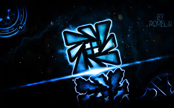 HD desktop wallpaper featuring a glowing blue abstract geometric symbol on a dark space-themed background, tagged with the video game Geometry Dash.