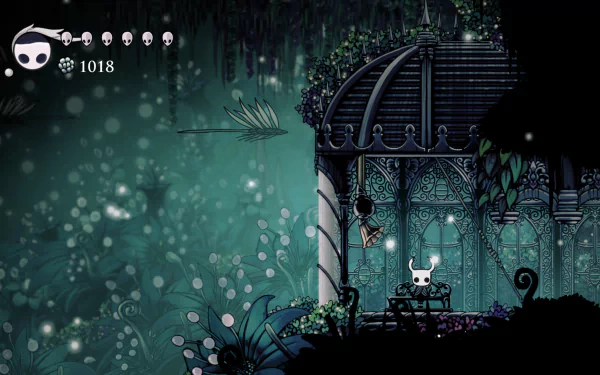 A 4K Ultra HD PC desktop wallpaper featuring a serene, dark forest scene from the video game Hollow Knight, with the character standing near an ornate gazebo.