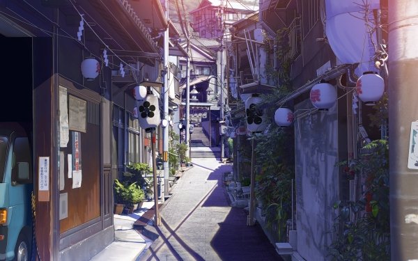 Anime Original Alley Oriental Town Power Line House Lantern HD Wallpaper | Background Image
