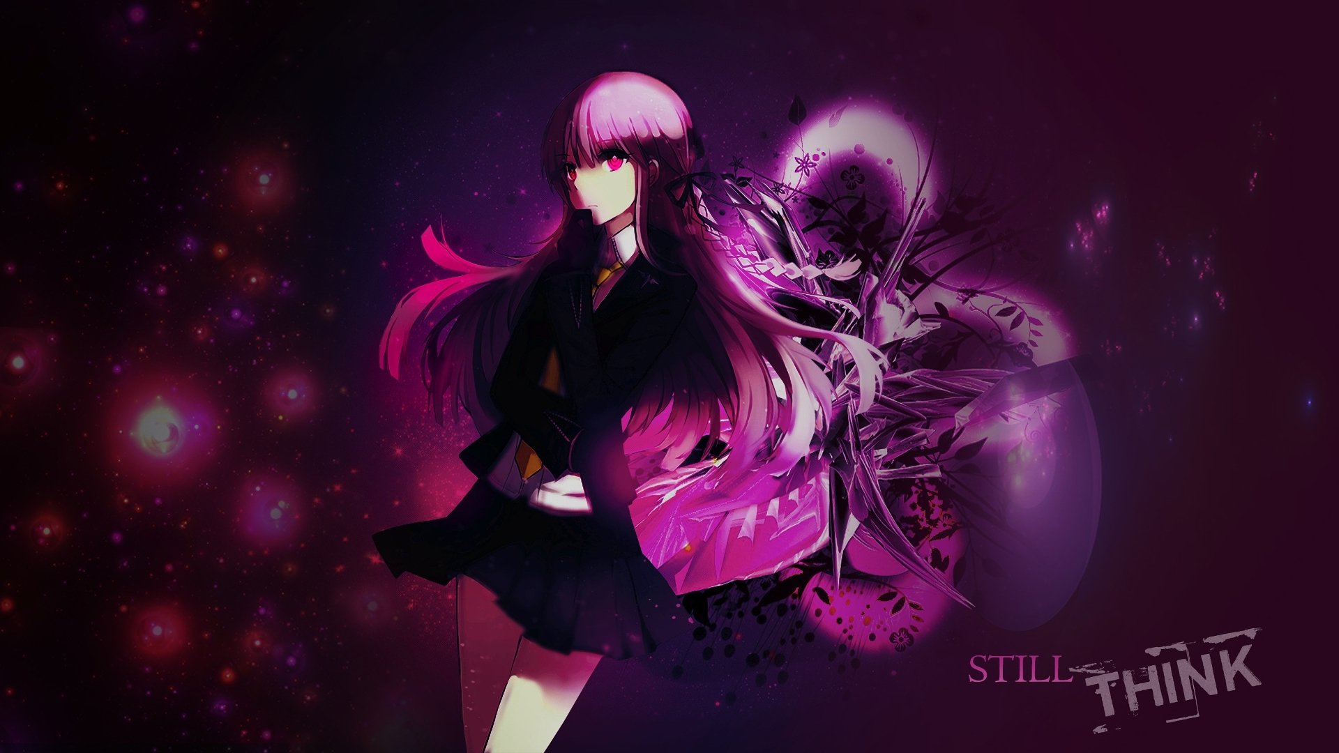 HD anime desktop wallpaper featuring Kyōko Kirigiri from Danganronpa, surrounded by dark purple tones and abstract effects with the word THINK subtly included.