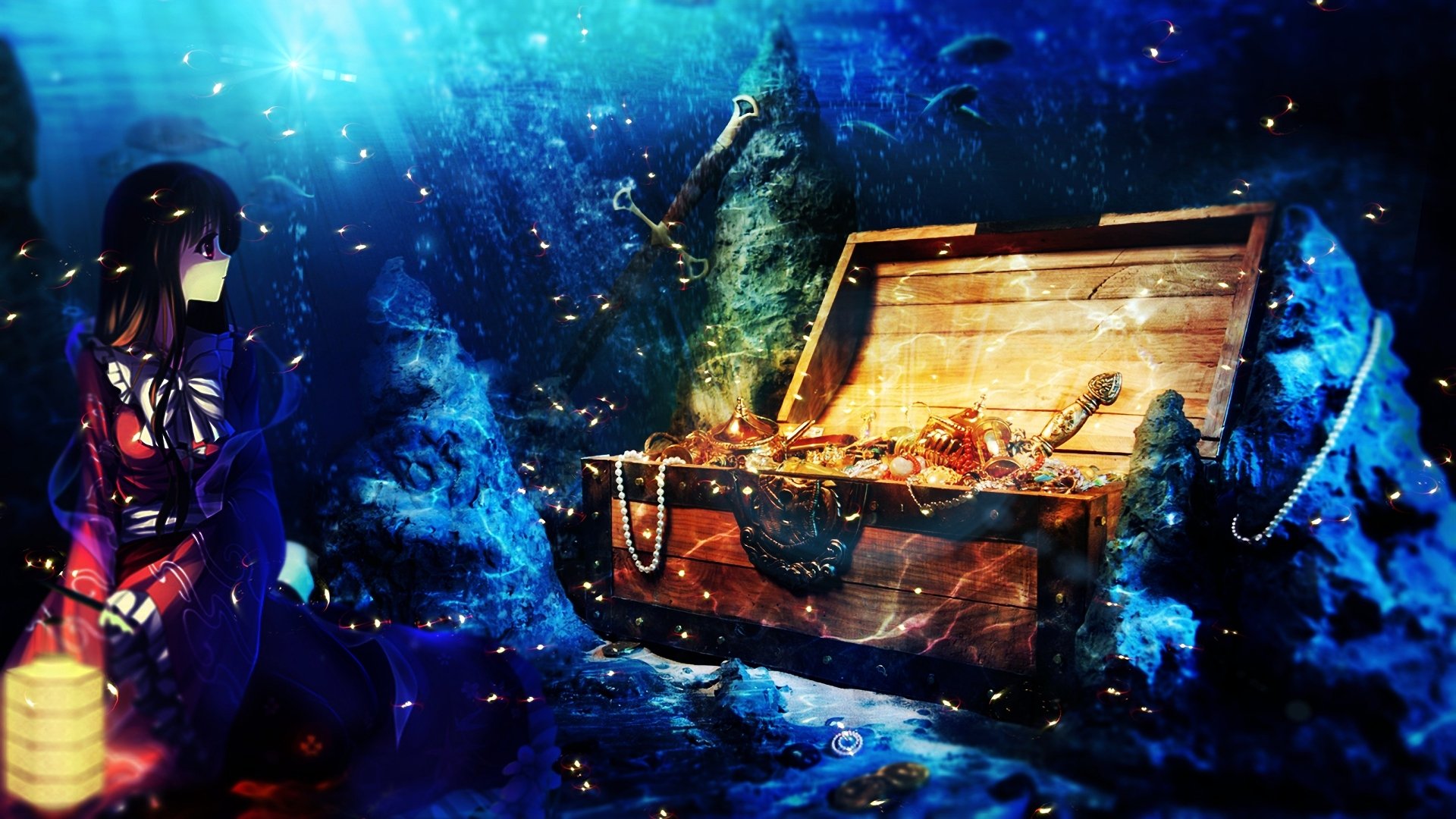 HD anime original desktop wallpaper featuring a treasure chest filled with gold and jewels underwater, with a character observing from the left in a deep blue ocean scene.