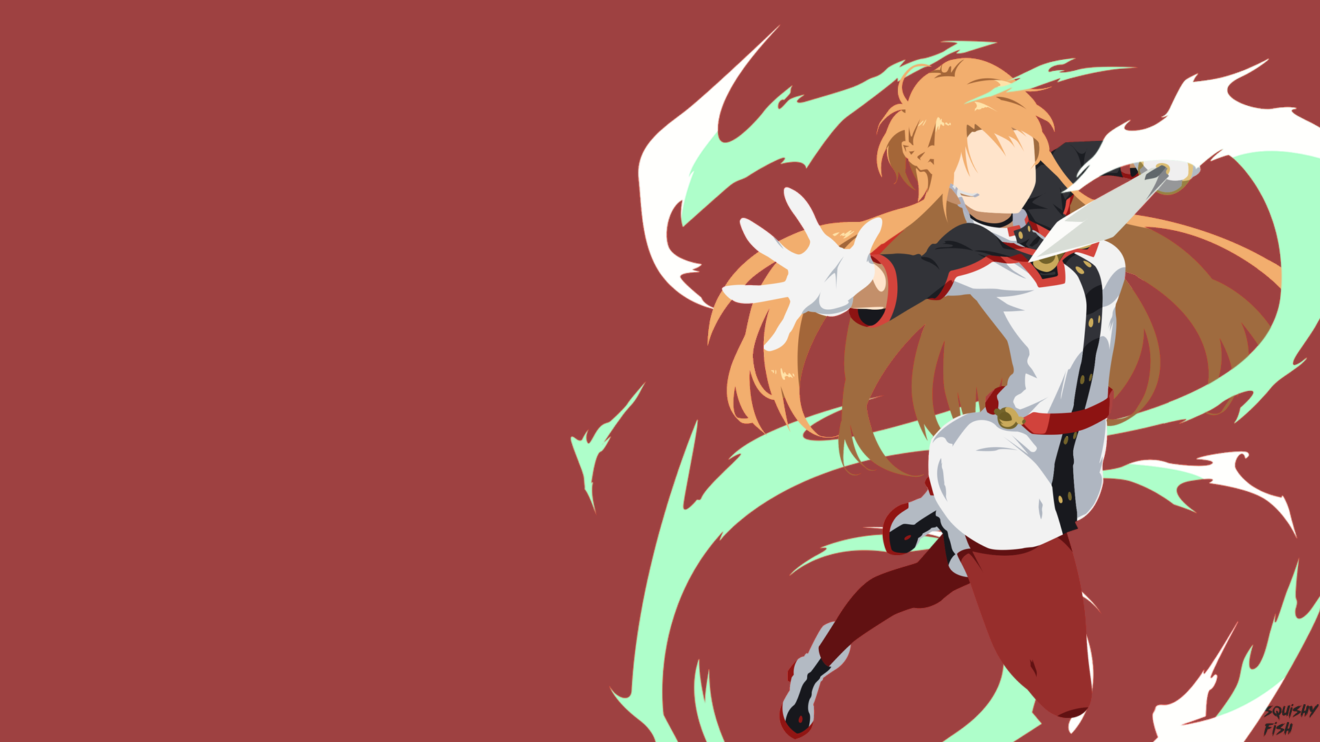 Asuna from Sword Art Online Movie: Ordinal Scale leaping with flowing hair and green energy trails against a maroon backdrop — HD PC desktop wallpaper.