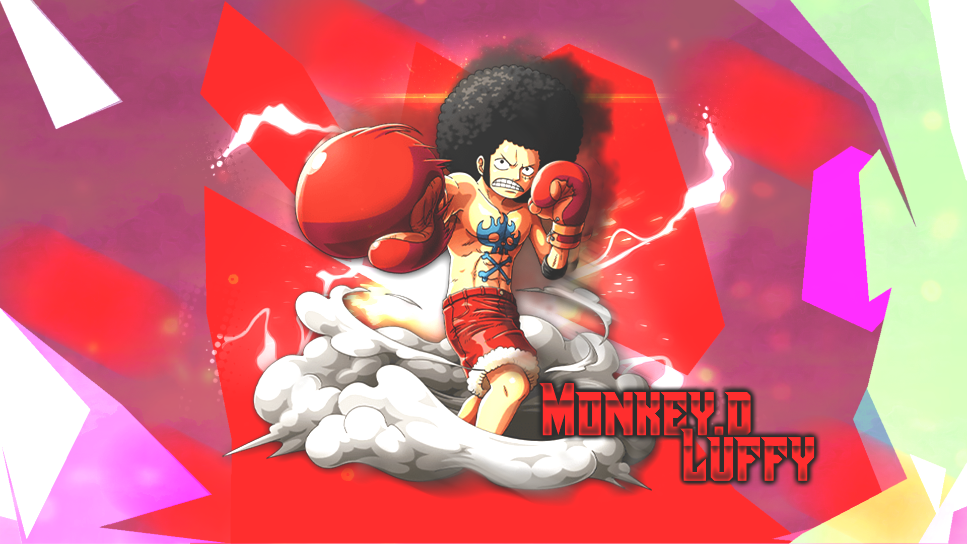 HD PC desktop wallpaper featuring Monkey D. Luffy from the anime One Piece, depicted with boxing gloves and an afro hairstyle, surrounded by dynamic red and white elements.