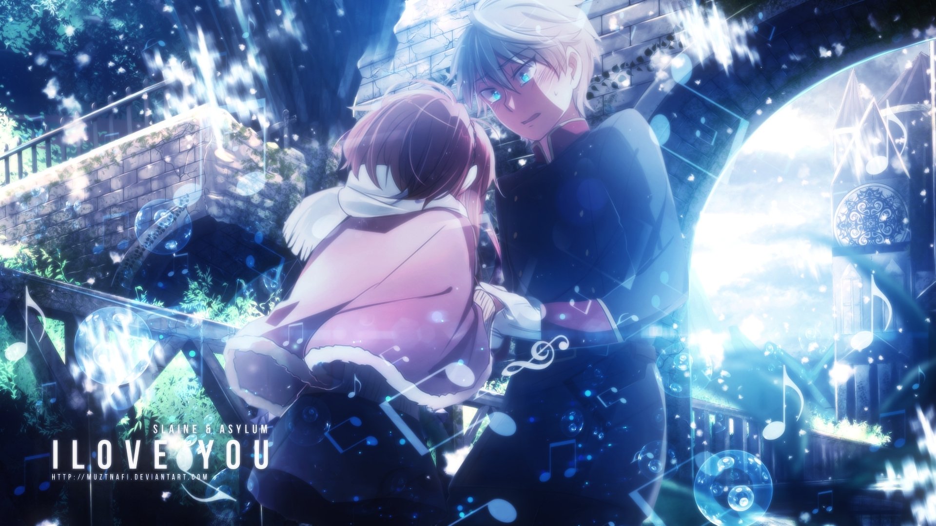 Anime Aldnoah.Zero HD PC desktop wallpaper and background: white-haired man embraces brown-haired woman amid glowing blue ruins and floating sparkles; I LOVE YOU text visible.