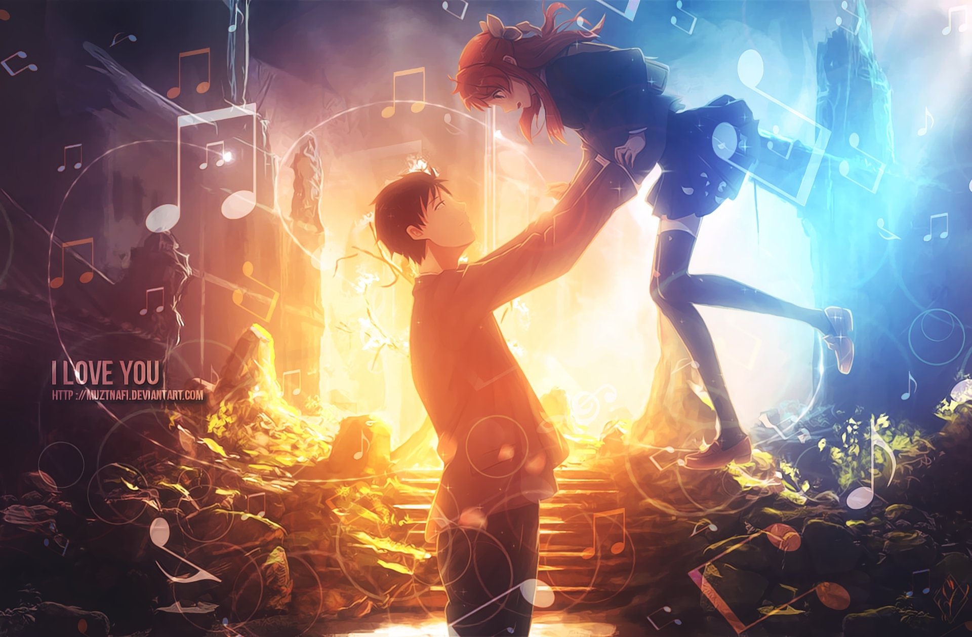 An HD desktop wallpaper from Anime Monthly Girls' Nozaki-kun, featuring a touching moment between two characters with vibrant lighting and musical notes in the background.