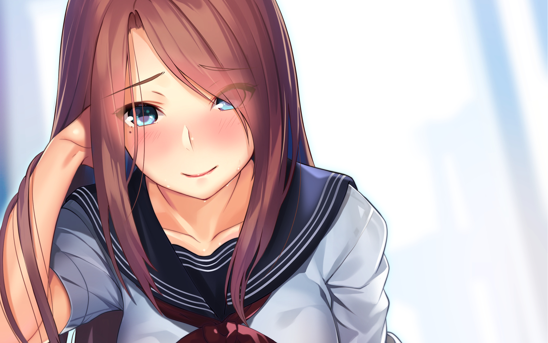HD Anime desktop wallpaper featuring an original character with long brown hair and a sailor school uniform, blushing and smiling softly.