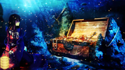 HD anime original desktop wallpaper featuring a treasure chest filled with gold and jewels underwater, with a character observing from the left in a deep blue ocean scene.