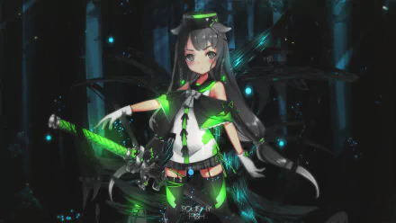 HD anime original artwork featuring a futuristic girl with green glowing accents and a sword, set against a dark, high-tech background for PC desktop wallpaper.
