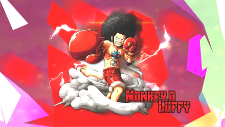 HD PC desktop wallpaper featuring Monkey D. Luffy from the anime One Piece, depicted with boxing gloves and an afro hairstyle, surrounded by dynamic red and white elements.