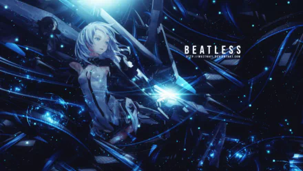 HD desktop wallpaper featuring Lacia from the anime Beatless, surrounded by glowing blue lights and futuristic elements. The text BEATLESS is displayed on the right side.