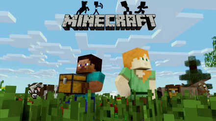 HD desktop wallpaper of the video game Minecraft, featuring two characters standing in a grassy field with animals and trees in the background under a blue sky.
