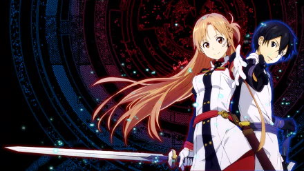 HD PC desktop wallpaper featuring characters Asuna and Kirito from the anime Sword Art Online Movie: Ordinal Scale with a dark, digital-themed background.