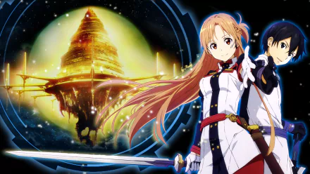Anime HD PC desktop wallpaper from Sword Art Online Movie: Ordinal Scale featuring Asuna and Kirito with a glowing, futuristic floating structure in the background.