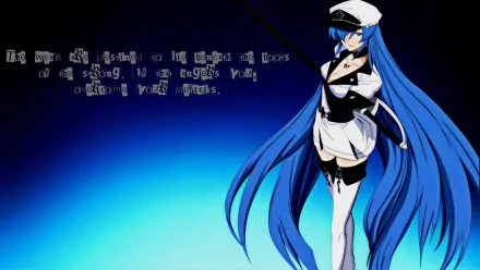 HD PC desktop wallpaper featuring Esdeath from Akame ga Kill!, showcasing her blue hair and military-style outfit against a gradient blue background.