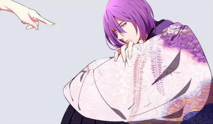 HD desktop wallpaper of Atsushi Murasakibara from Kuroko's Basketball, featuring the character draped in a patterned kimono with an outstretched hand pointing at him against a plain background.