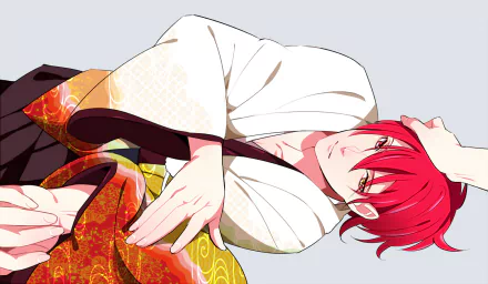 HD desktop wallpaper featuring Seijūrō Akashi from the anime Kuroko's Basketball, lying down with vibrant red hair and traditional clothing.