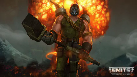 Vulcan (Smite) video game HD PC desktop wallpaper: armored heavy-weapons soldier stands before a massive fiery explosion, Smite logo visible in the corner.