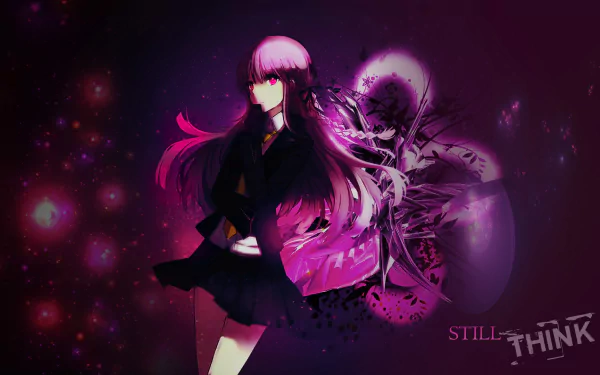 HD anime desktop wallpaper featuring Kyōko Kirigiri from Danganronpa, surrounded by dark purple tones and abstract effects with the word THINK subtly included.