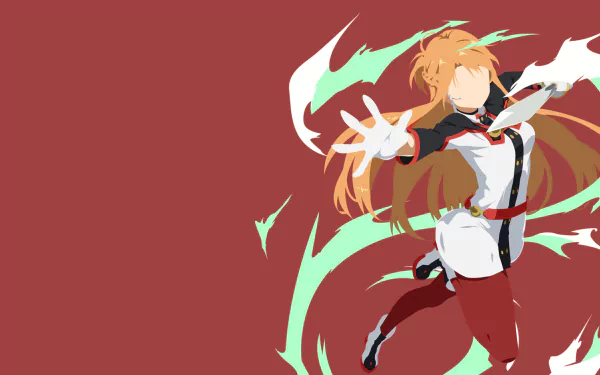 Asuna from Sword Art Online Movie: Ordinal Scale leaping with flowing hair and green energy trails against a maroon backdrop — HD PC desktop wallpaper.