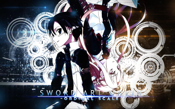 HD PC desktop wallpaper from Sword Art Online Movie: Ordinal Scale — anime image of Kirito and Asuna back-to-back amid glowing circular HUD graphics and digital light streaks.