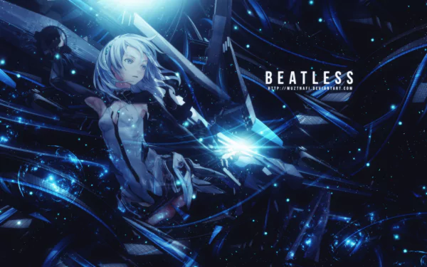 HD desktop wallpaper featuring Lacia from the anime Beatless, surrounded by glowing blue lights and futuristic elements. The text BEATLESS is displayed on the right side.