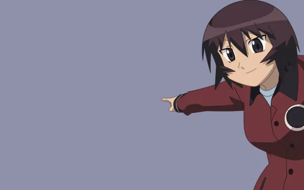 HD PC desktop wallpaper featuring a character from the anime Azumanga Daioh pointing to the left on a solid gray background.