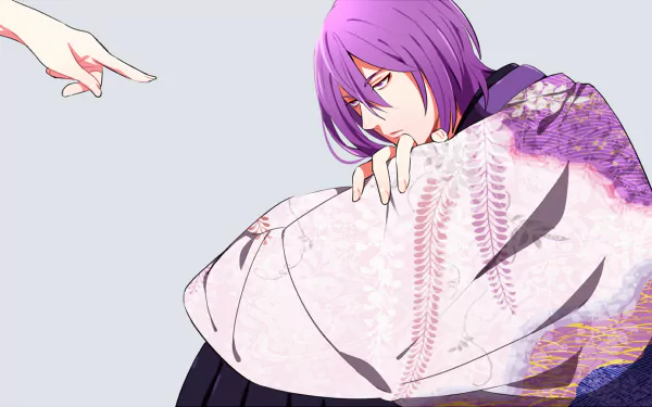 HD desktop wallpaper of Atsushi Murasakibara from Kuroko's Basketball, featuring the character draped in a patterned kimono with an outstretched hand pointing at him against a plain background.
