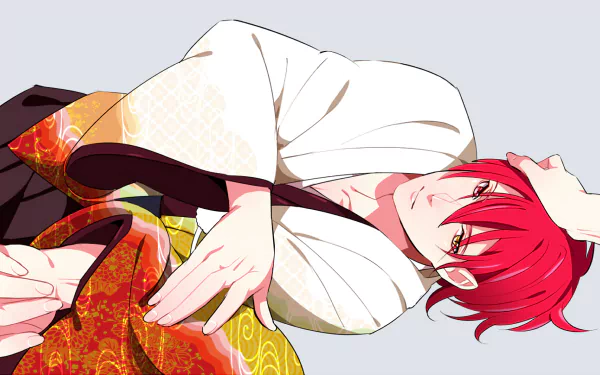 HD desktop wallpaper featuring Seijūrō Akashi from the anime Kuroko's Basketball, lying down with vibrant red hair and traditional clothing.