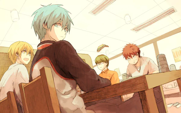 A HD desktop wallpaper featuring Taiga Kagami, Shintarō Midorima, Ryōta Kise, and Tetsuya Kuroko from the anime Kuroko's Basketball, gathered around a table in a warmly lit room.