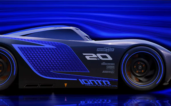 HD desktop wallpaper featuring Jackson Storm from the movie Cars 3, showcasing his sleek black and blue design with the number 20 against a vibrant blue background.