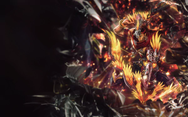 HD PC desktop wallpaper featuring Hou Yi from the video game Smite, showcasing fiery armor and dynamic action against a dark, shattered background.