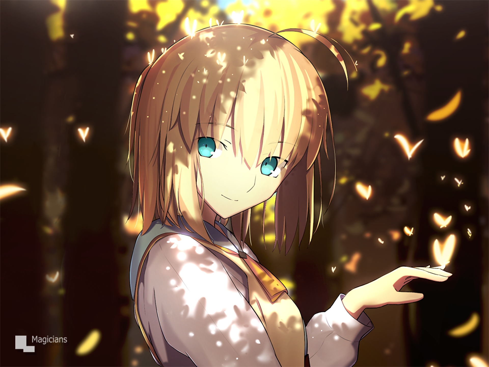 HD desktop wallpaper featuring Saber from the Fate Series anime, Fate/Stay Night. The background shows a serene, glowing forest with Saber standing gracefully amidst soft light and fluttering butterflies.