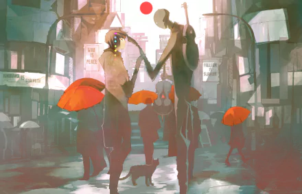 Artistic HD desktop wallpaper depicting people holding red umbrellas in a stylized urban setting with soft, muted colors and a surreal atmosphere.