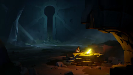 HD desktop wallpaper of RiME featuring a mystical cavern with a glowing artifact and a towering key silhouette in the background.