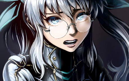 HD anime desktop wallpaper featuring Catherine Olminu from Drifters, with striking silver hair, blue eyes, and round glasses in detailed artwork.