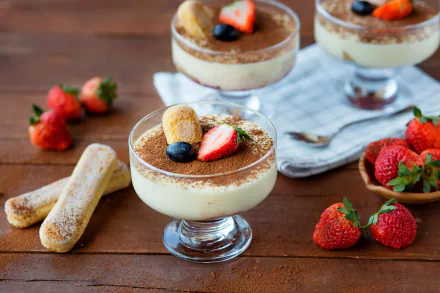 HD desktop wallpaper of a still life dessert featuring creamy tiramisu in glass bowls, garnished with strawberries, blueberries, and biscuits on a wooden table.