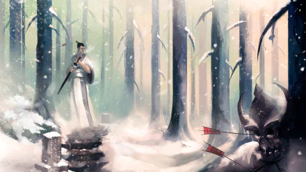 HD wallpaper from the TV show Samurai Jack, featuring a snowy forest scene with Samurai Jack holding a sword, and a monstrous figure pierced with arrows in the foreground.