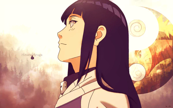 HD desktop wallpaper featuring Hinata Hyuga from the anime Naruto, with a serene background and golden hour lighting, highlighting her profile and thoughtful expression.