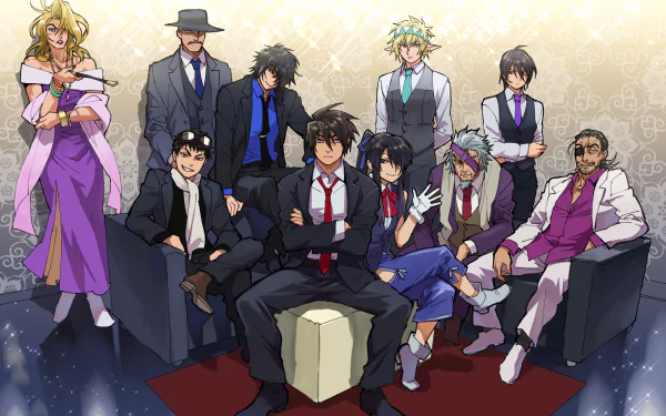 HD PC desktop wallpaper featuring the main characters from the anime Drifters, showcasing a diverse group in stylish and formal attire against a subtle background.