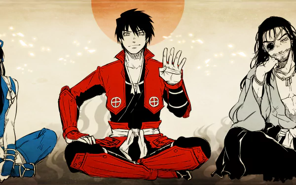 HD PC desktop wallpaper featuring stylized characters from the anime Drifters, with a red sun backdrop and dynamic poses in an artistic, detailed design.