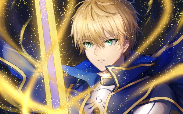 HD PC desktop wallpaper featuring Saber from Fate/Prototype in vibrant anime style, surrounded by glowing golden light effects from Fate/Grand Order.