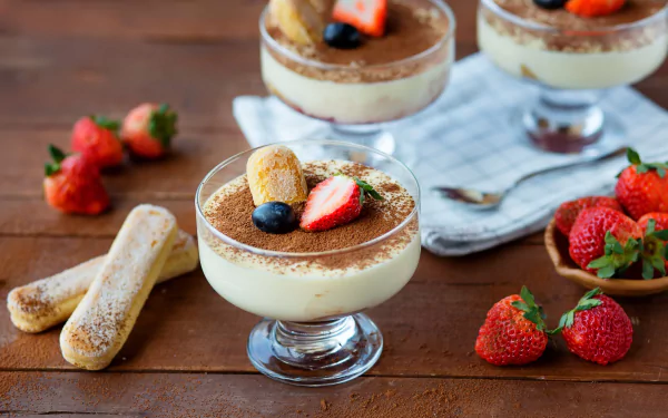 HD desktop wallpaper of a still life dessert featuring creamy tiramisu in glass bowls, garnished with strawberries, blueberries, and biscuits on a wooden table.