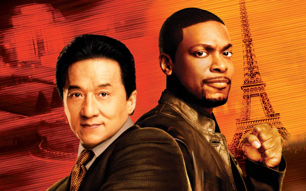 HD desktop wallpaper featuring Jackie Chan and Chris Tucker from the movie Rush Hour 3, set against a red-orange background with the Eiffel Tower in view.