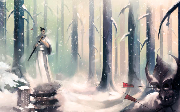 HD wallpaper from the TV show Samurai Jack, featuring a snowy forest scene with Samurai Jack holding a sword, and a monstrous figure pierced with arrows in the foreground.