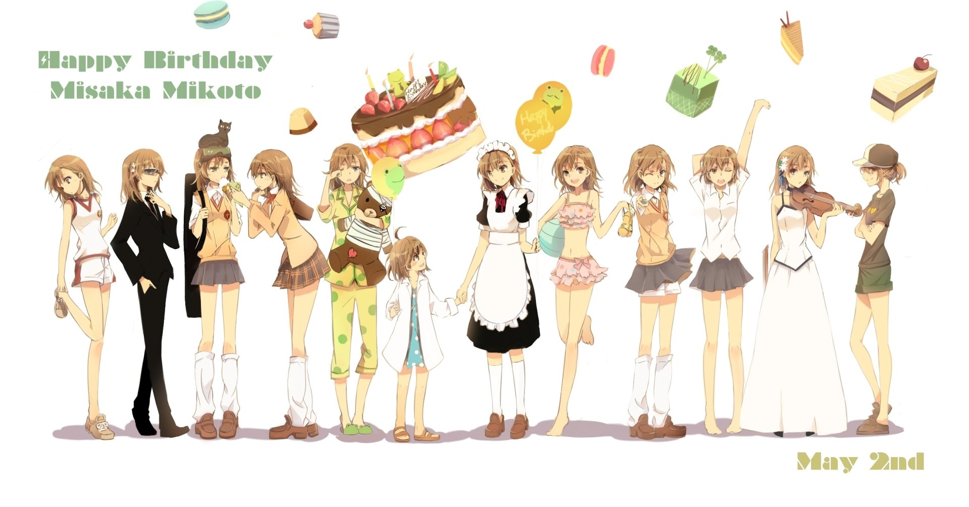 HD anime wallpaper featuring Mikoto Misaka from A Certain Scientific Railgun and her Sisters in school uniforms with brown hair and eyes, celebrating a birthday.