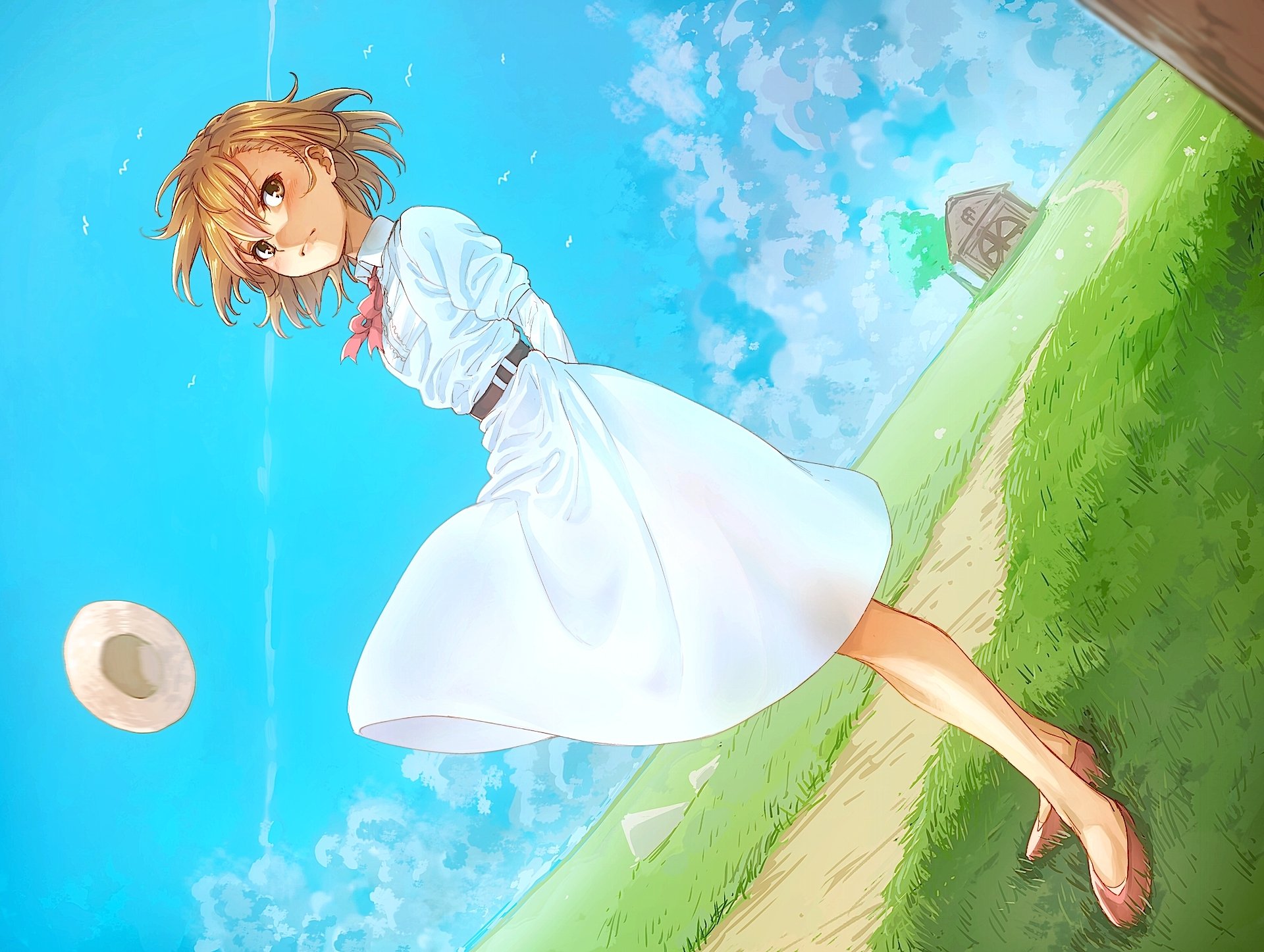HD anime desktop wallpaper featuring Mikoto Misaka from A Certain Scientific Railgun, standing barefoot on grass under a bright blue sky with a white dress and floating hat.