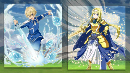 HD PC wallpaper featuring Eugeo and Alice Zuberg from Sword Art Online: Alicization, both with blue eyes and blonde long hair, depicted as warrior characters with the Blue Rose Sword.
