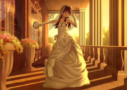 Ruiko Saten from A Certain Scientific Railgun stands in a beautiful sunlit corridor wearing an elegant white dress, captured in an HD desktop wallpaper and background.