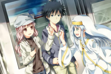 HD anime desktop wallpaper featuring Arisa Meigo, Kamijou Touma, and Index Librorum Prohibitorum from A Certain Magical Index in a bright, detailed scene.